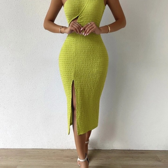 Elegant Lime Green Cutout Dress - Picture 3 of 7